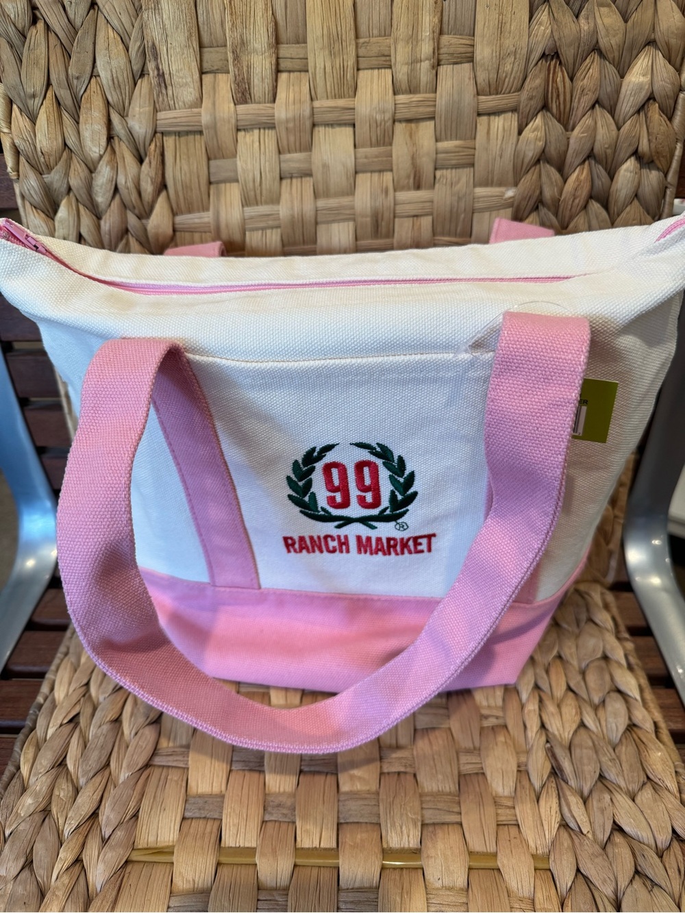 ZIPPERED Mini Tote Bag Purse Pink on Cream with Red & Green 99 Ranch Market logo